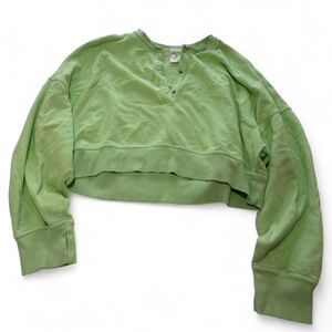 Cropped Green Henley Sweatshirt - Women's Casual Top